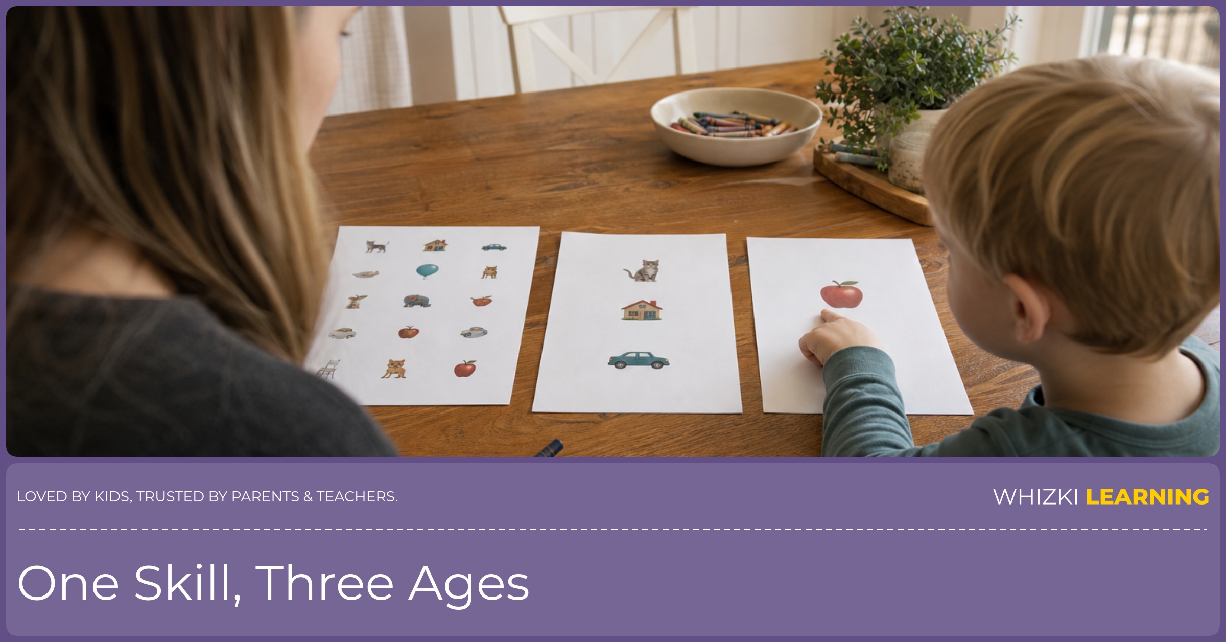 A parent and child compare three simple paper worksheet layouts at a kitchen table.