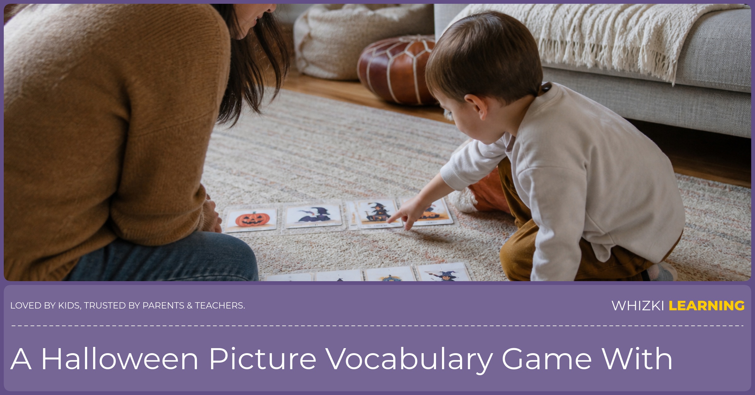 A caregiver and child arrange Halloween picture cards on a rug to make a tiny story together.
