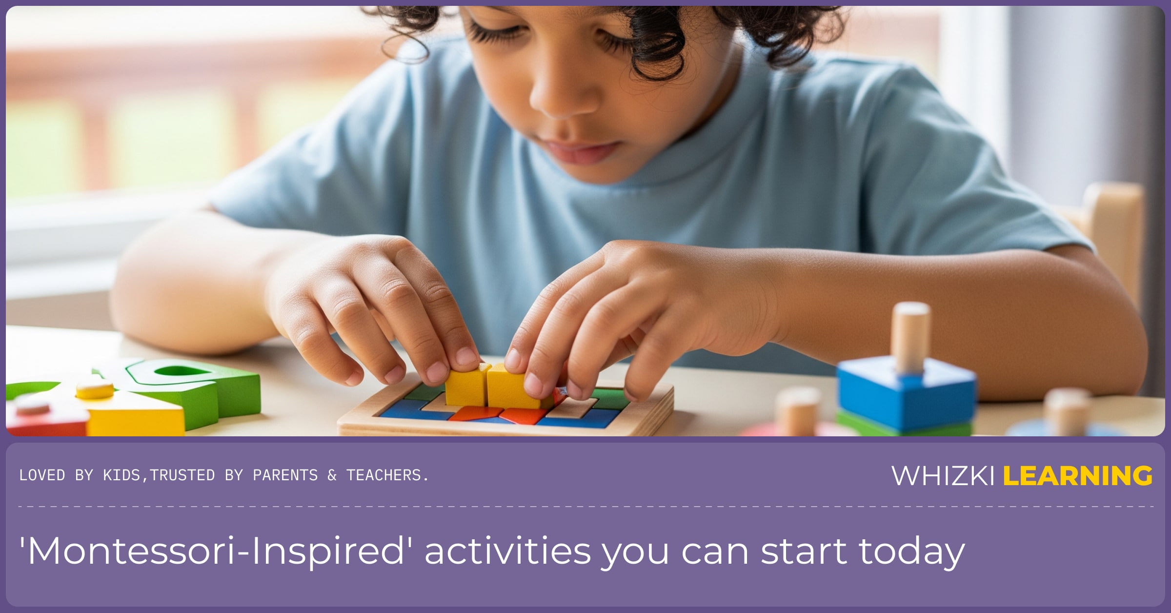 A child's hands carefully working with colorful wooden Montessori toys, showing deep concentration.