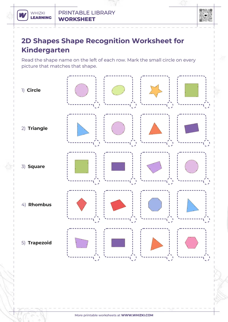 2D Shapes Shape Recognition Worksheet for Kindergarten