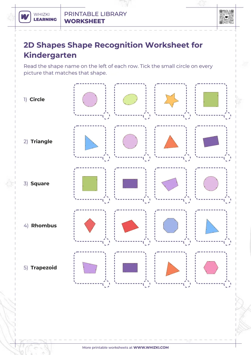 2D Shapes Shape Recognition Worksheet for Kindergarten