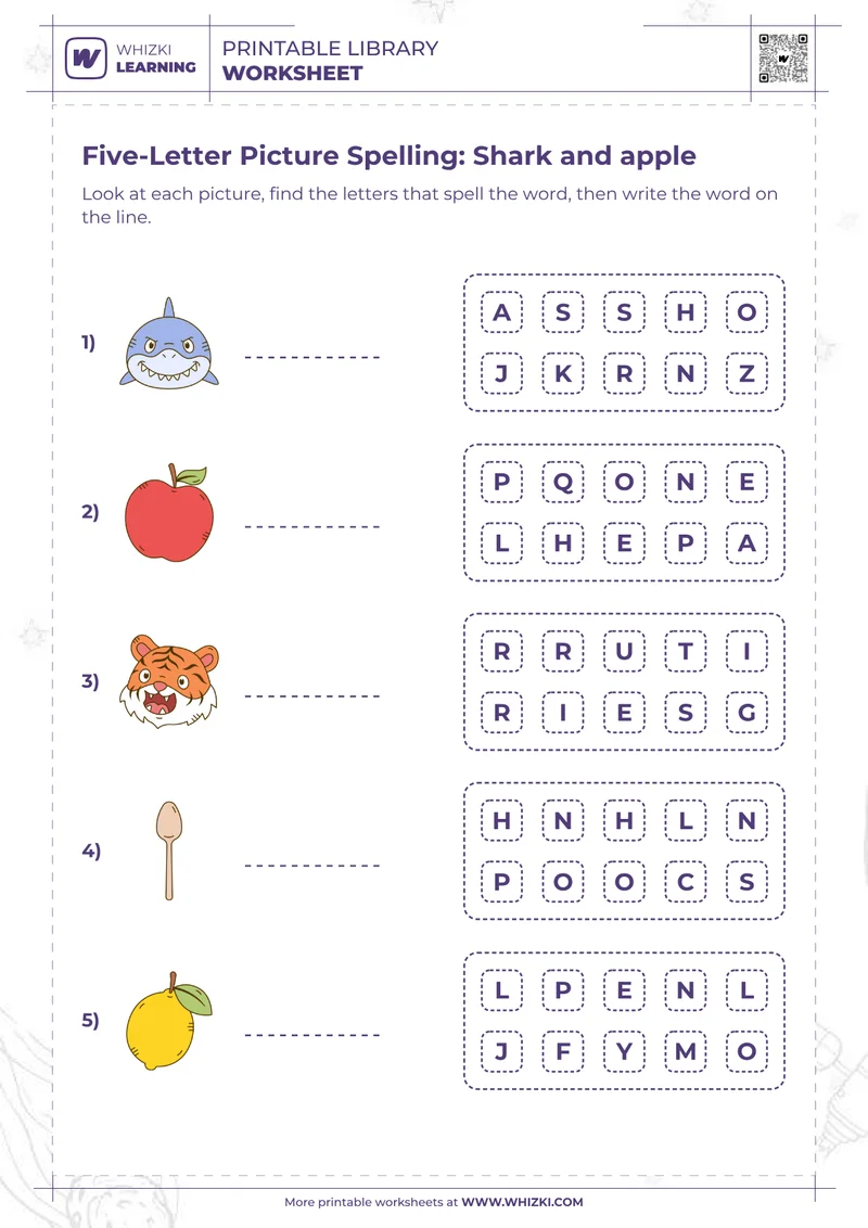 Five-Letter Picture Spelling: Shark and apple
