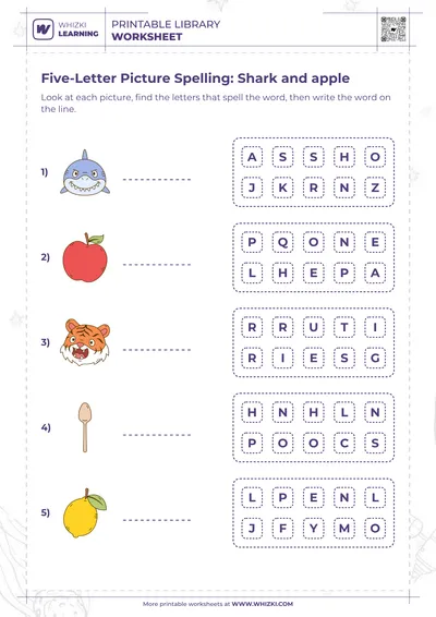 Five-Letter Picture Spelling: Shark and apple