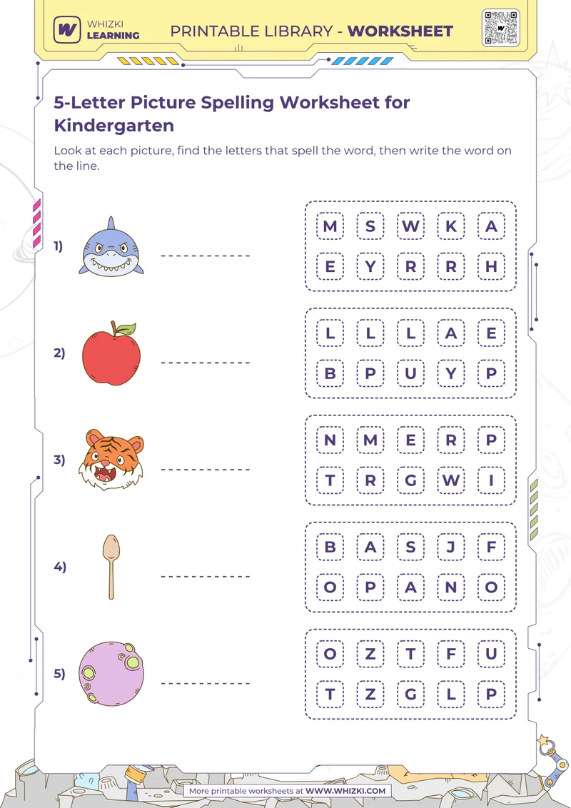 5-Letter Picture Spelling Worksheet for Kindergarten