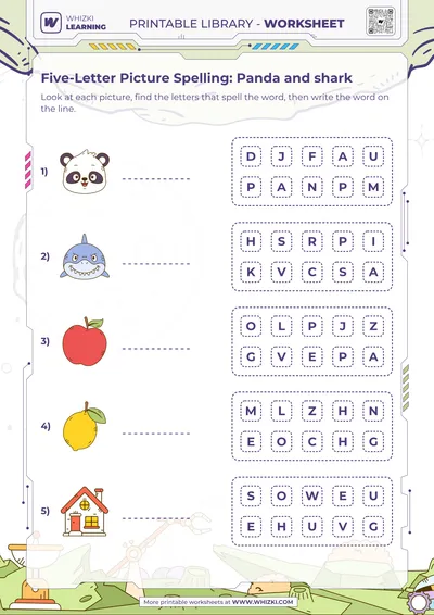 Five-Letter Picture Spelling: Panda and shark