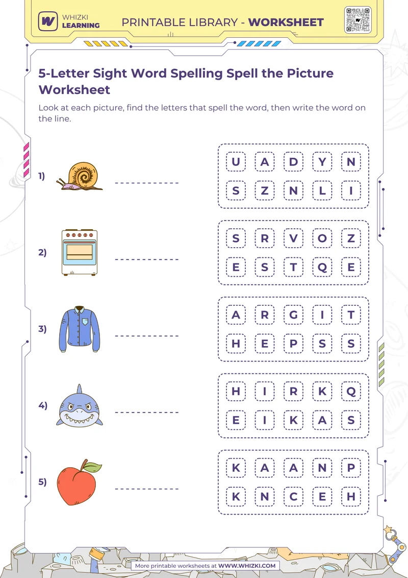 5-Letter Sight Word Spelling Spell the Picture Worksheet