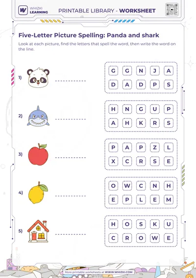 Five-Letter Picture Spelling: Panda and shark