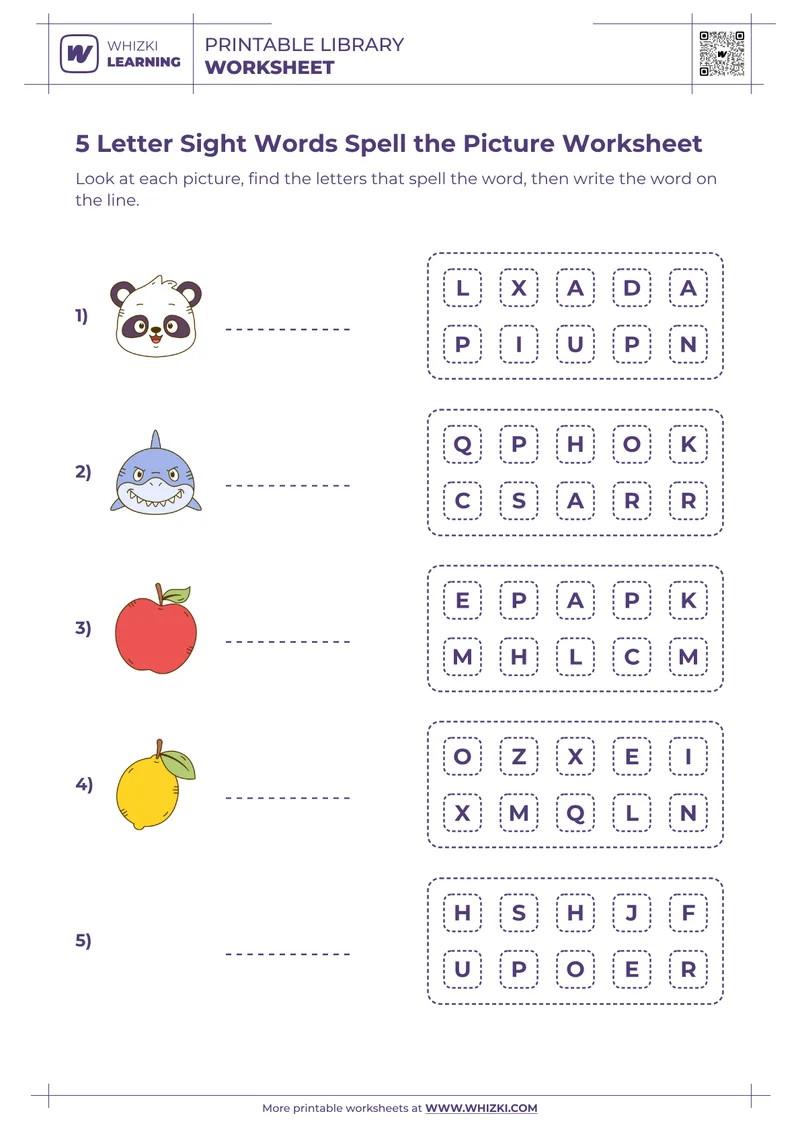 5 Letter Sight Words Spell the Picture Worksheet