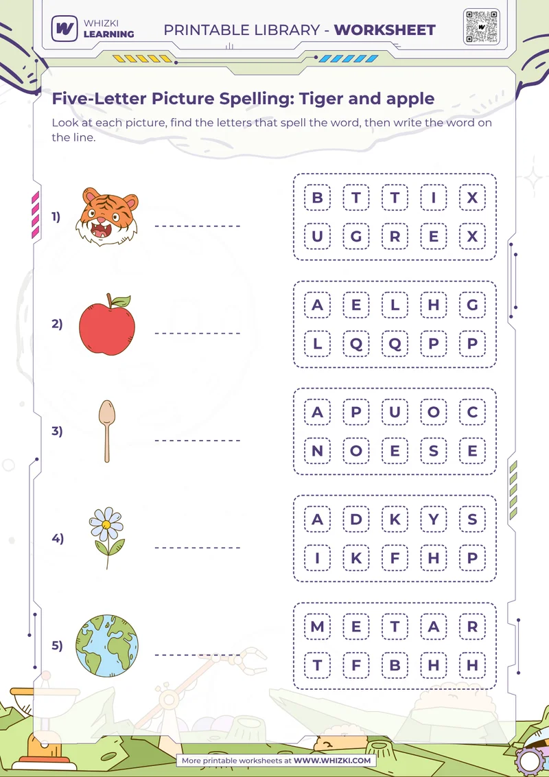 Five-Letter Picture Spelling: Tiger and apple