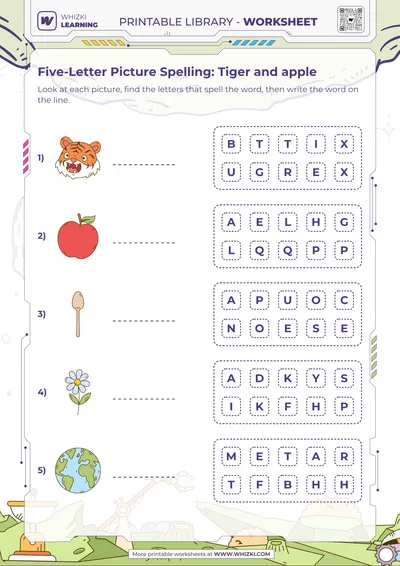 Five-Letter Picture Spelling: Tiger and apple