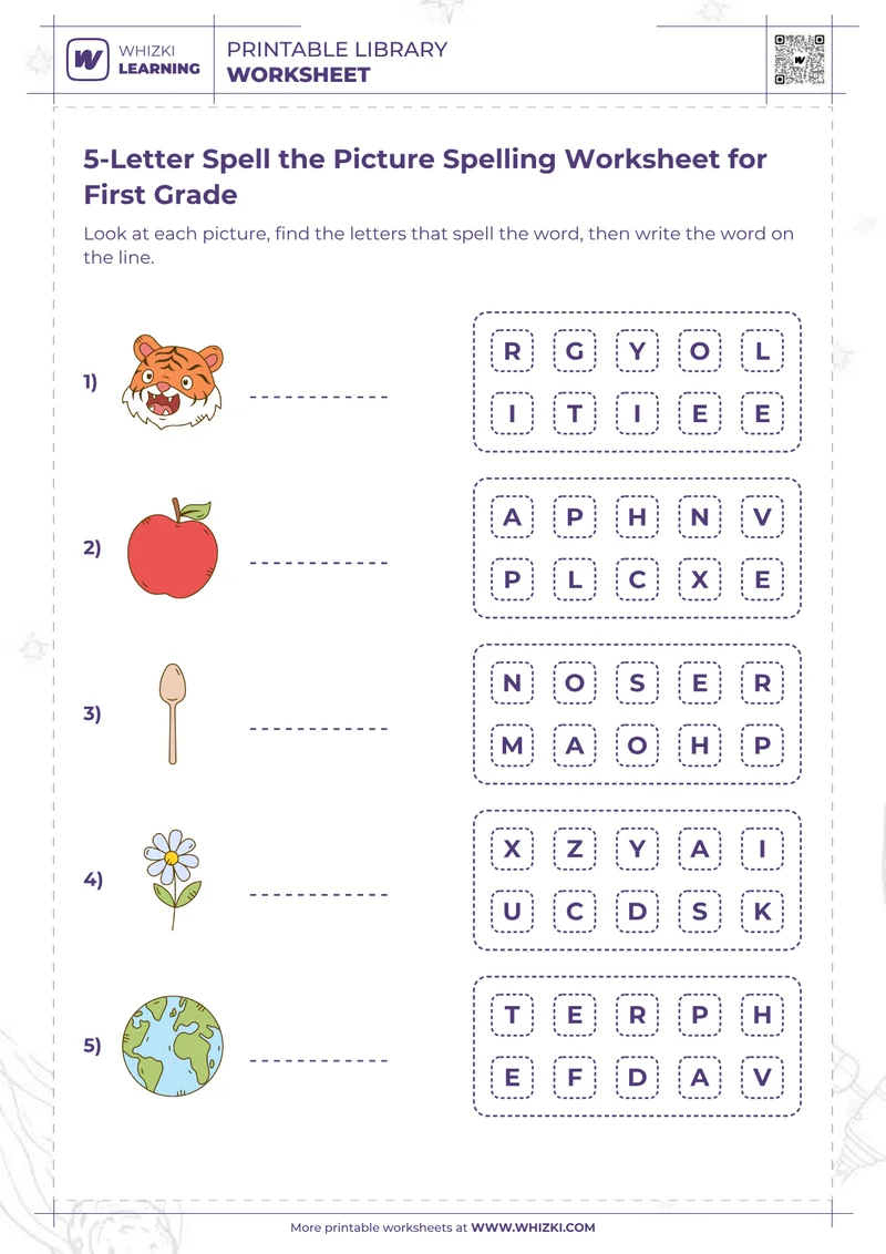 5-Letter Spell the Picture Spelling Worksheet for First Grade