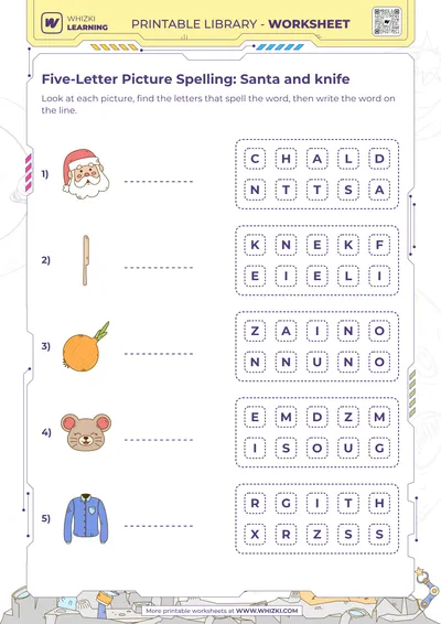 Five-Letter Picture Spelling: Santa and knife