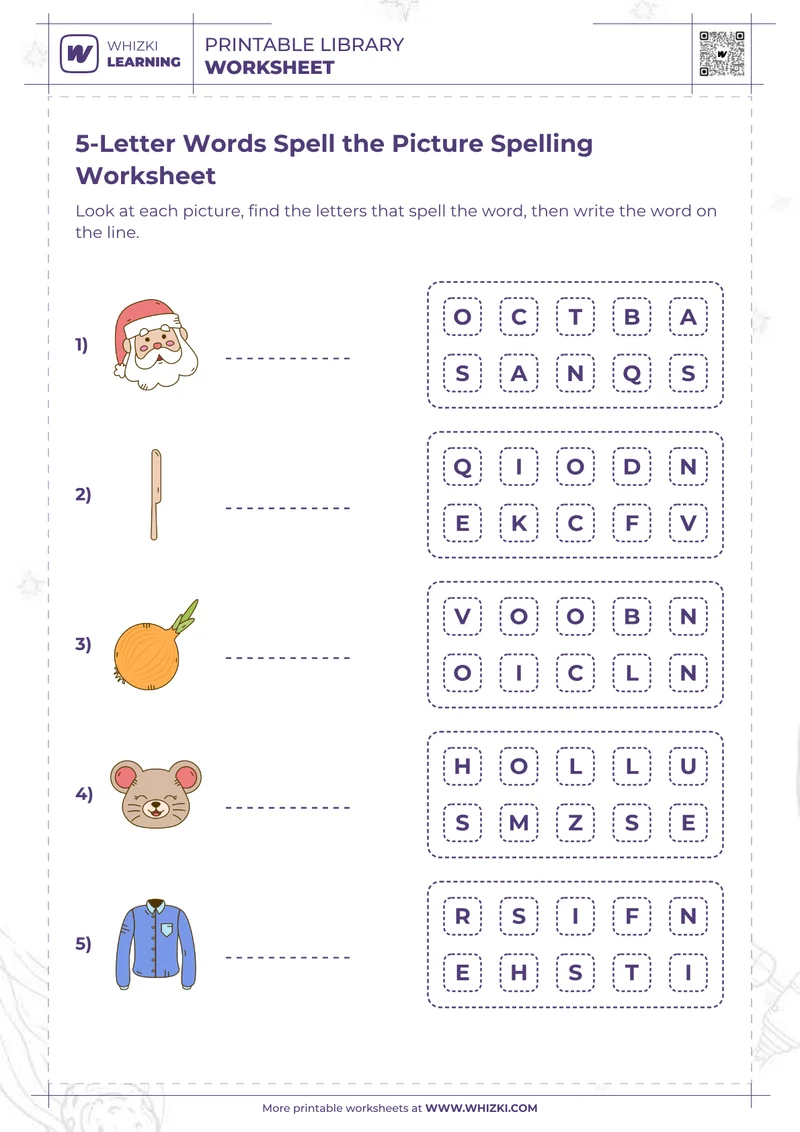 5-Letter Words Spell the Picture Spelling Worksheet