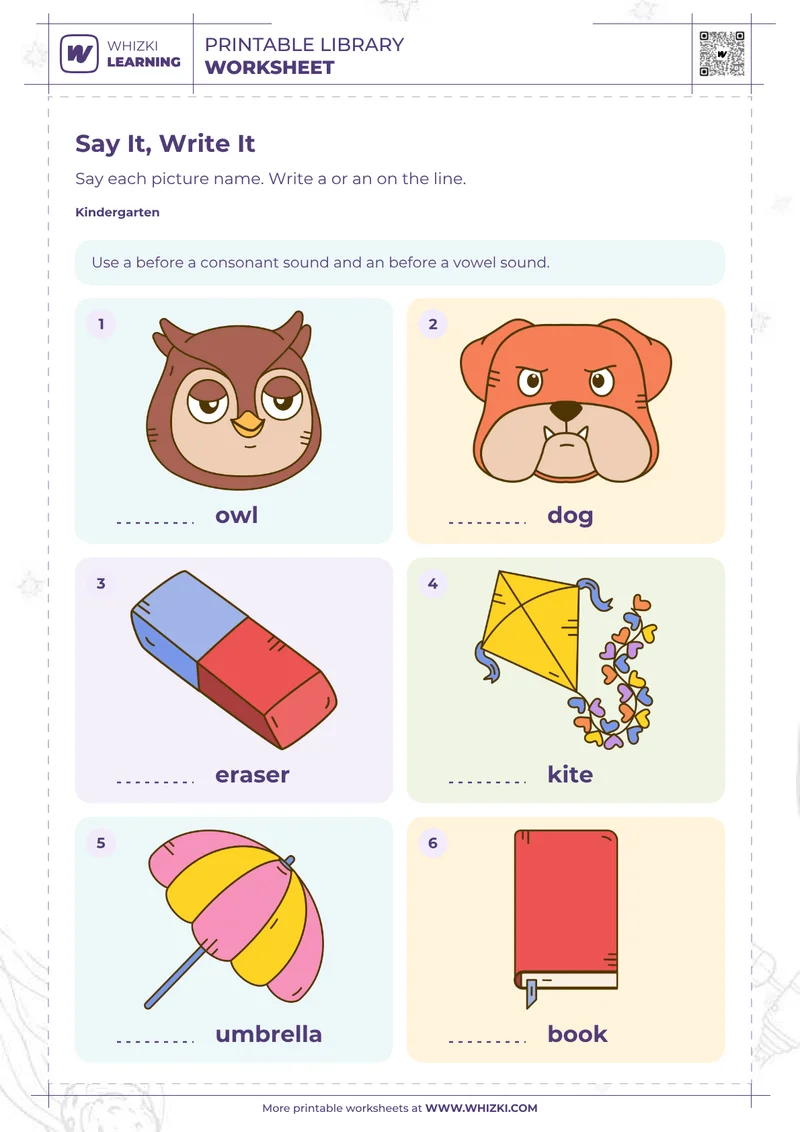 A and An Say It, Write It Worksheet