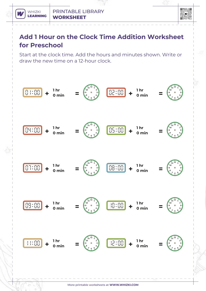Add 1 Hour on the Clock Time Addition Worksheet for Preschool