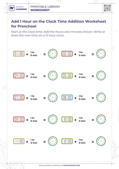 Add 1 Hour on the Clock Time Addition Worksheet for Preschool