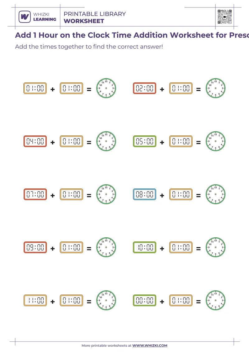 Add 1 Hour on the Clock Time Addition Worksheet for Preschool