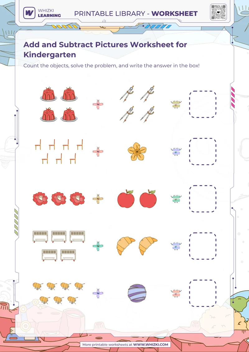 Add and Subtract Pictures Worksheet for Kindergarten