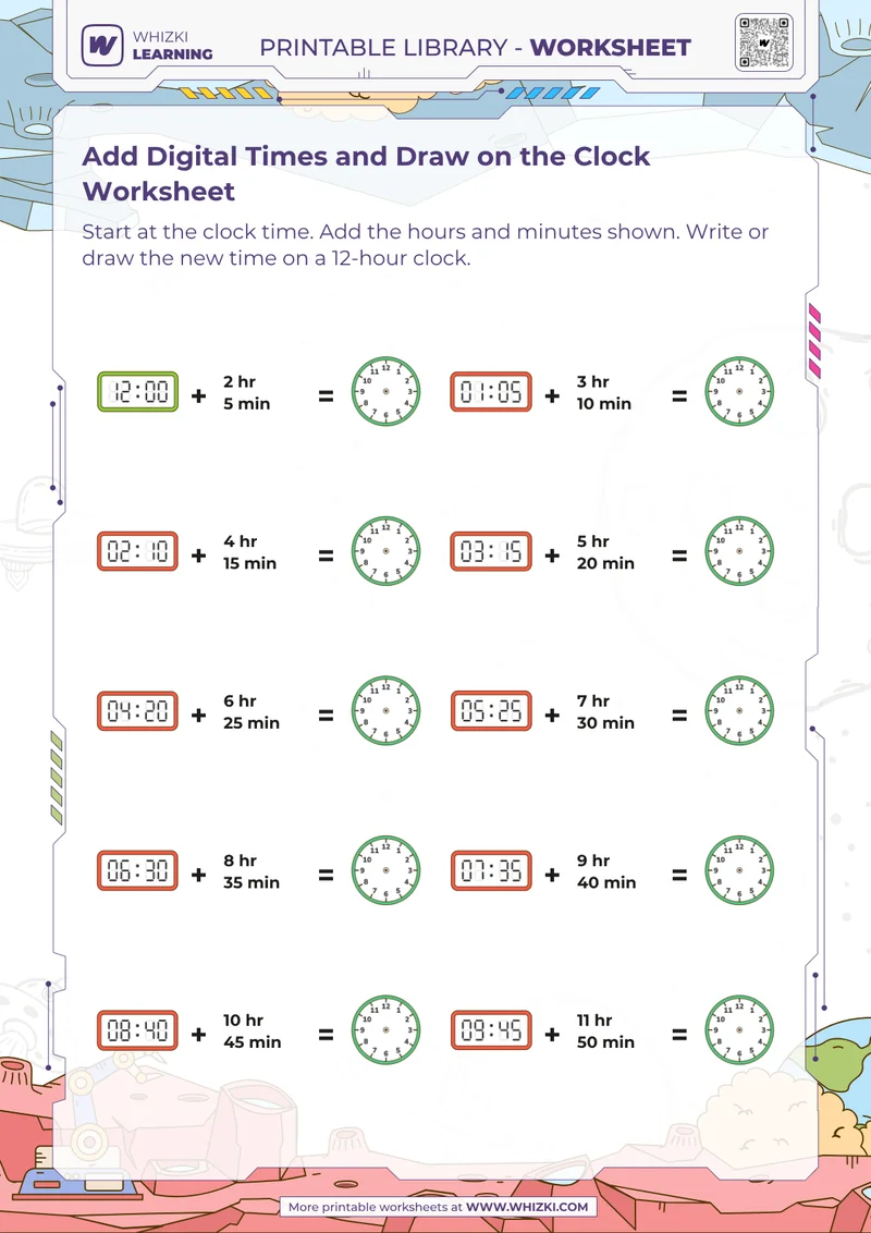Add Digital Times and Draw on the Clock Worksheet