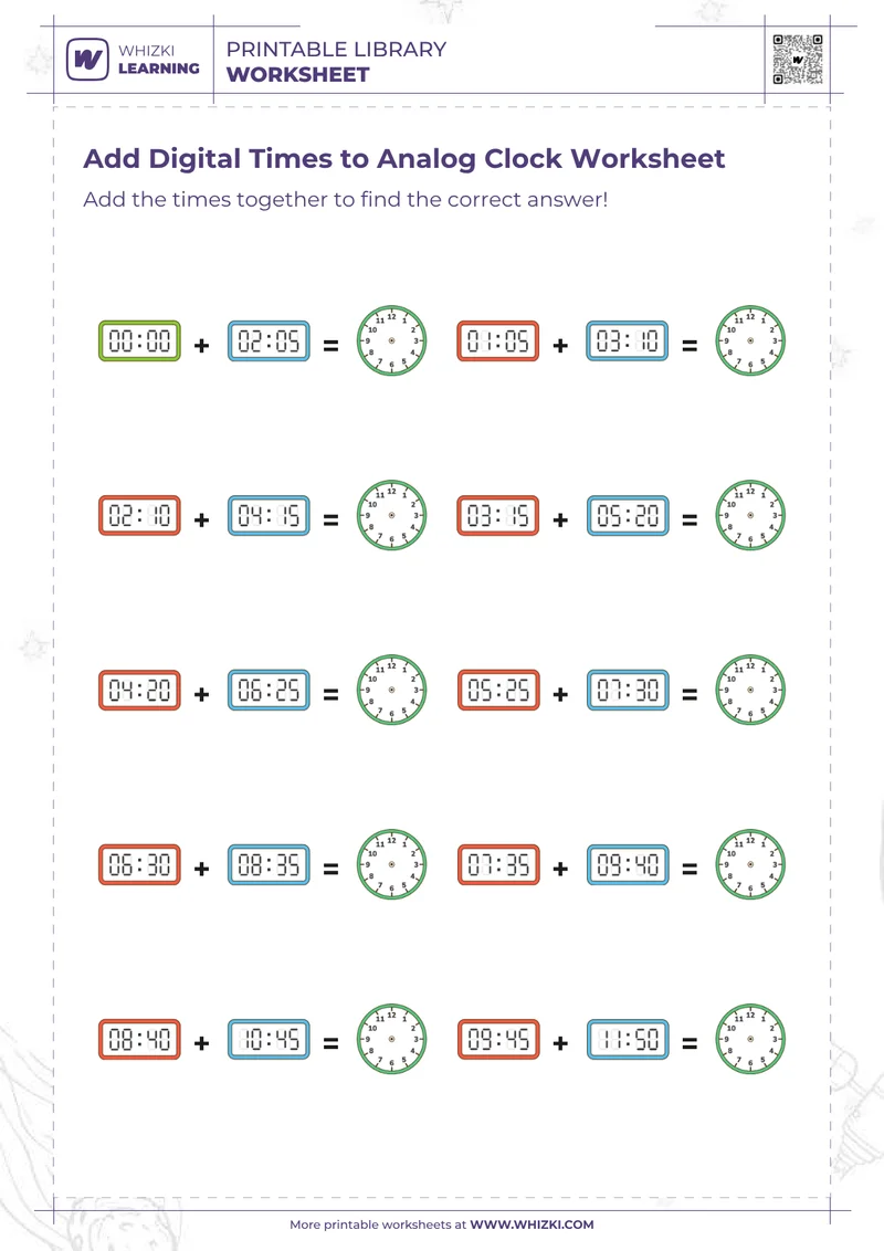Add Digital Times to Analog Clock Worksheet