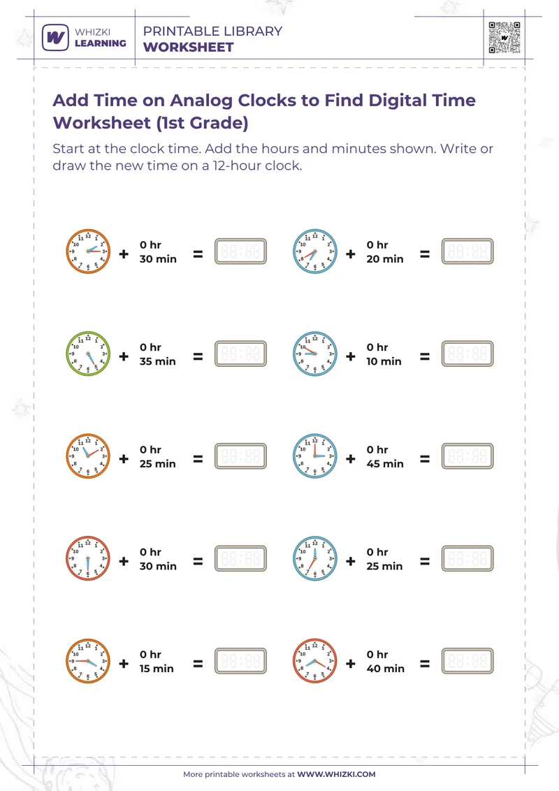 Add Time on Analog Clocks to Find Digital Time Worksheet (1st Grade)