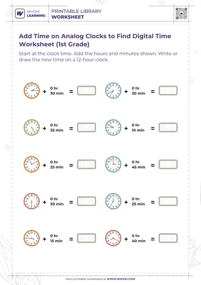 Add Time on Analog Clocks to Find Digital Time Worksheet (1st Grade)