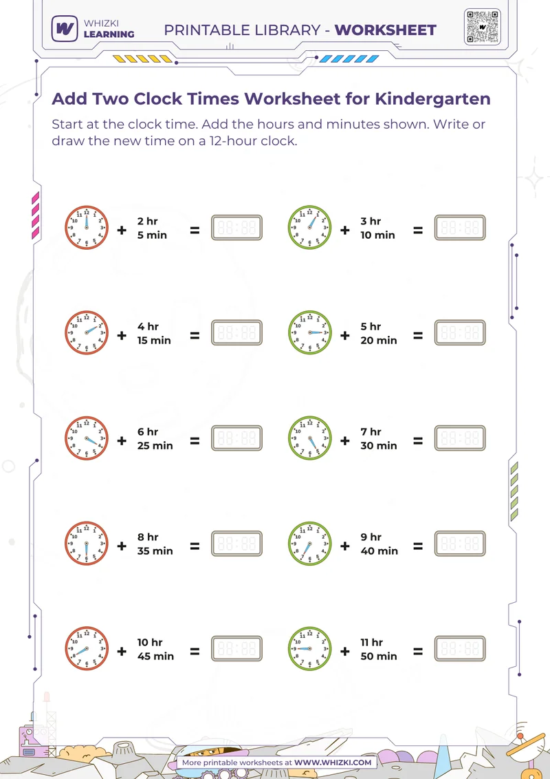 Add Two Clock Times Worksheet for Kindergarten
