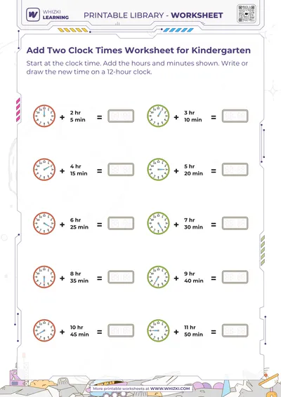 Add Two Clock Times Worksheet for Kindergarten