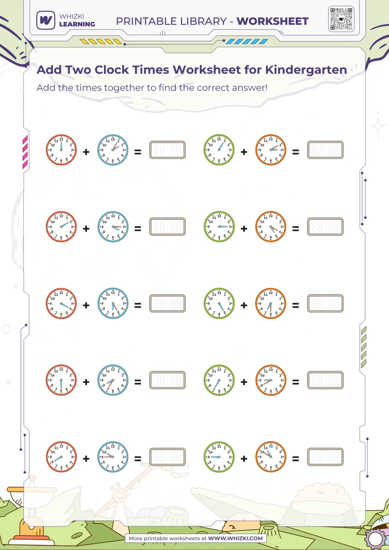 Add Two Clock Times Worksheet for Kindergarten