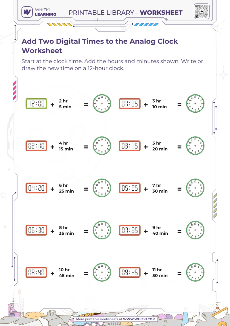Add Two Digital Times to the Analog Clock Worksheet