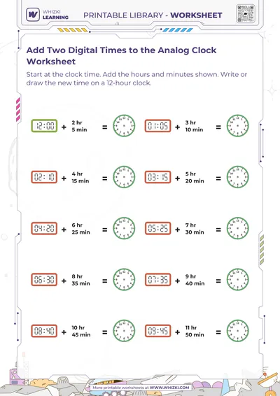 Add Two Digital Times to the Analog Clock Worksheet