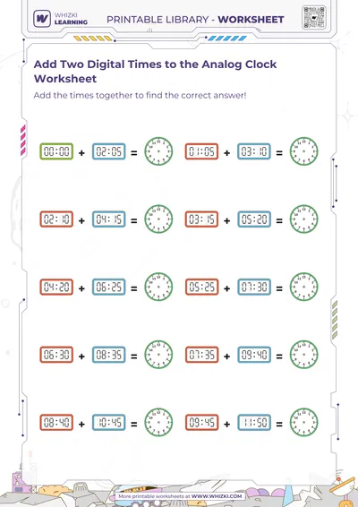 Add Two Digital Times to the Analog Clock Worksheet