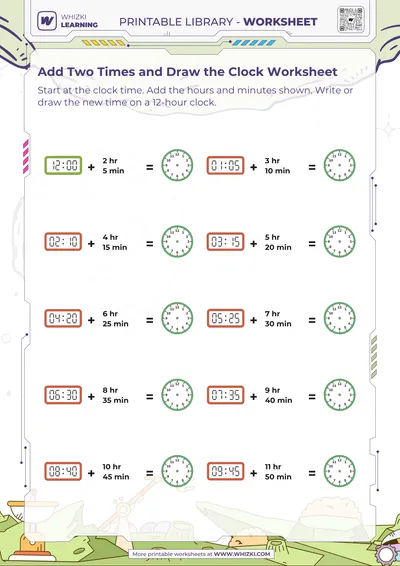 Add Two Times and Draw the Clock Worksheet