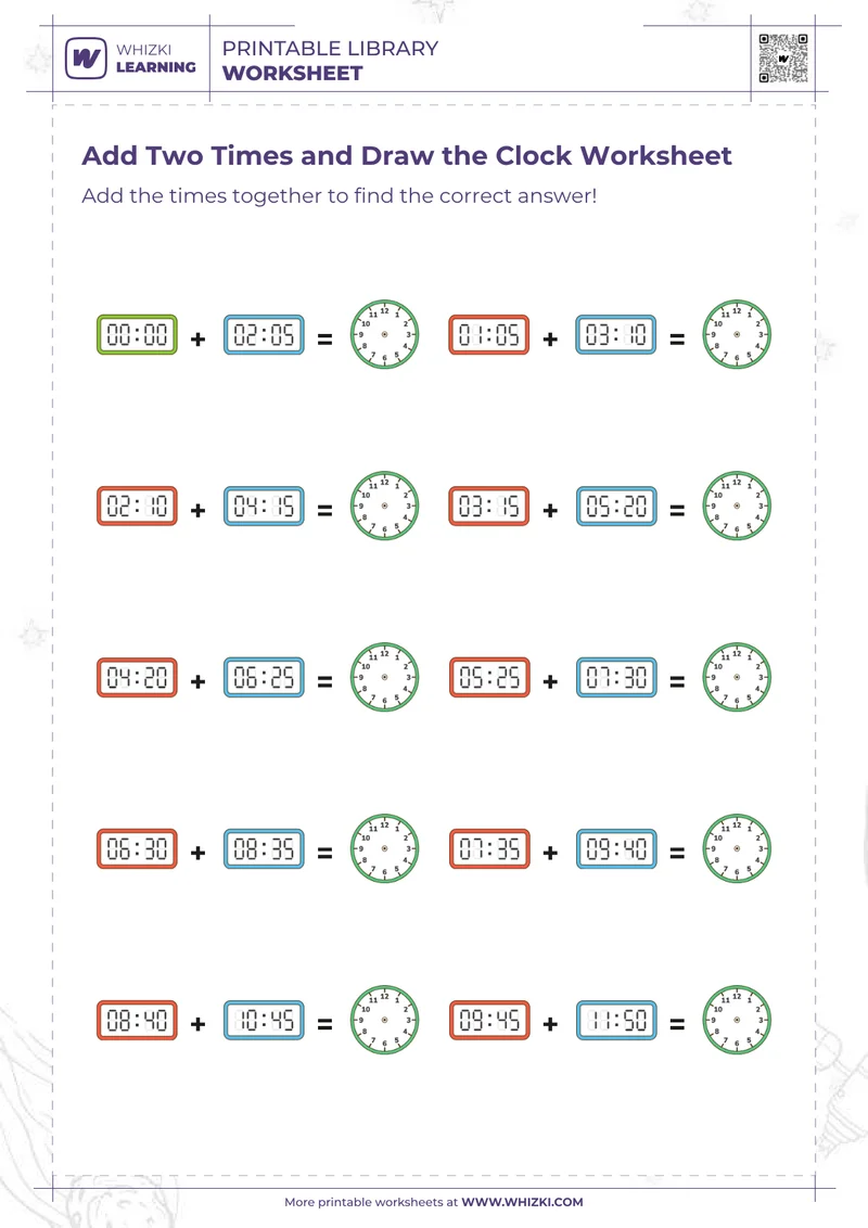 Add Two Times and Draw the Clock Worksheet