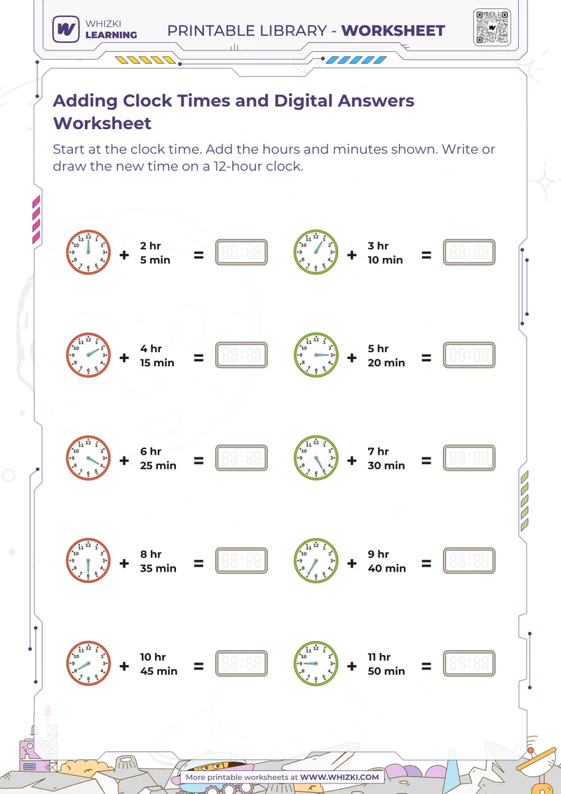 Adding Clock Times and Digital Answers Worksheet