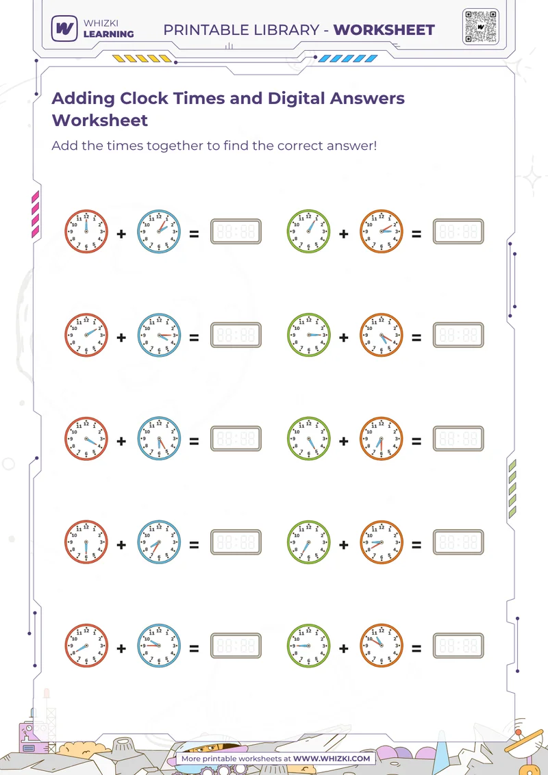 Adding Clock Times and Digital Answers Worksheet