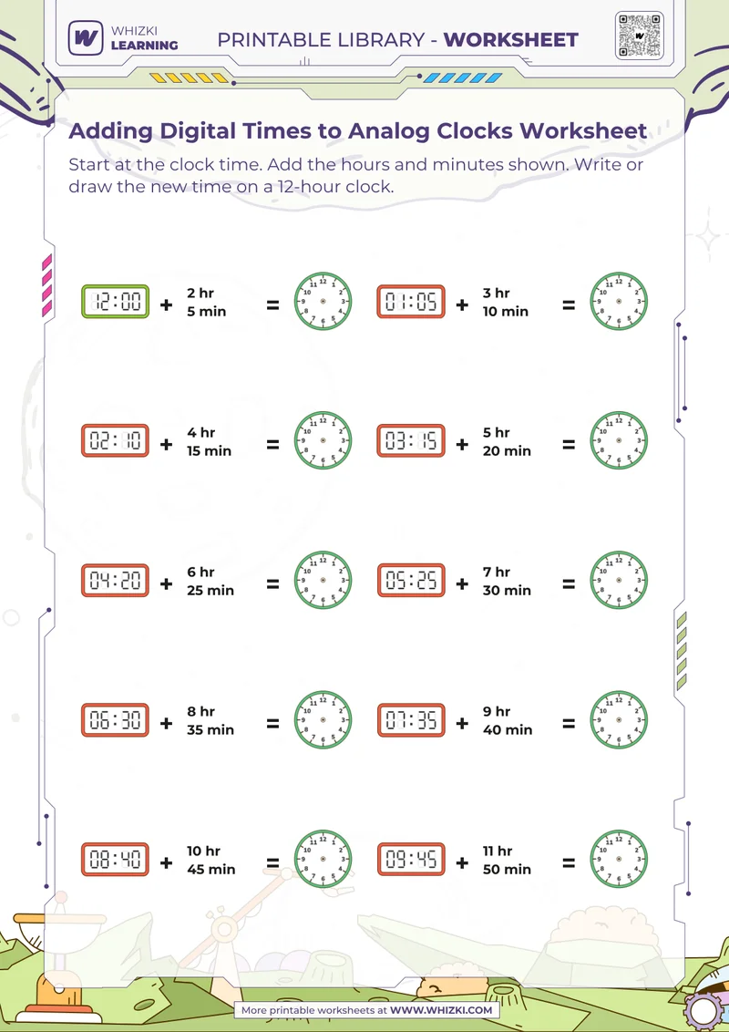Adding Digital Times to Analog Clocks Worksheet
