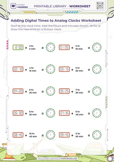 Adding Digital Times to Analog Clocks Worksheet