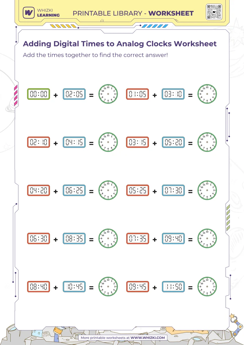 Adding Digital Times to Analog Clocks Worksheet