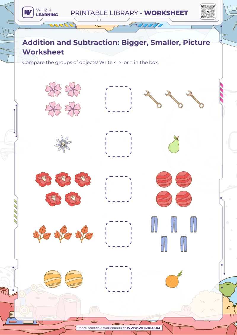 Addition and Subtraction: Bigger, Smaller, Picture Worksheet