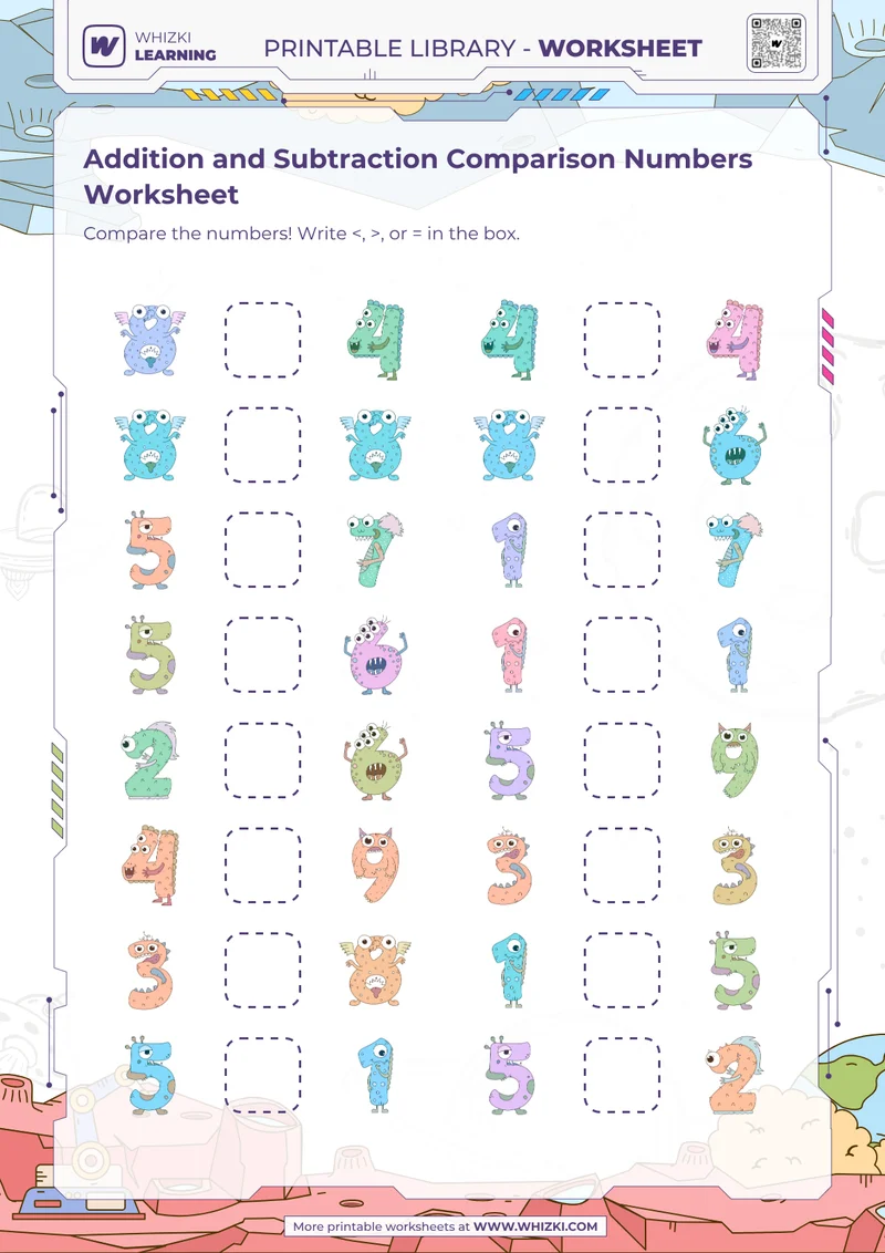 Addition and Subtraction Comparison Numbers Worksheet