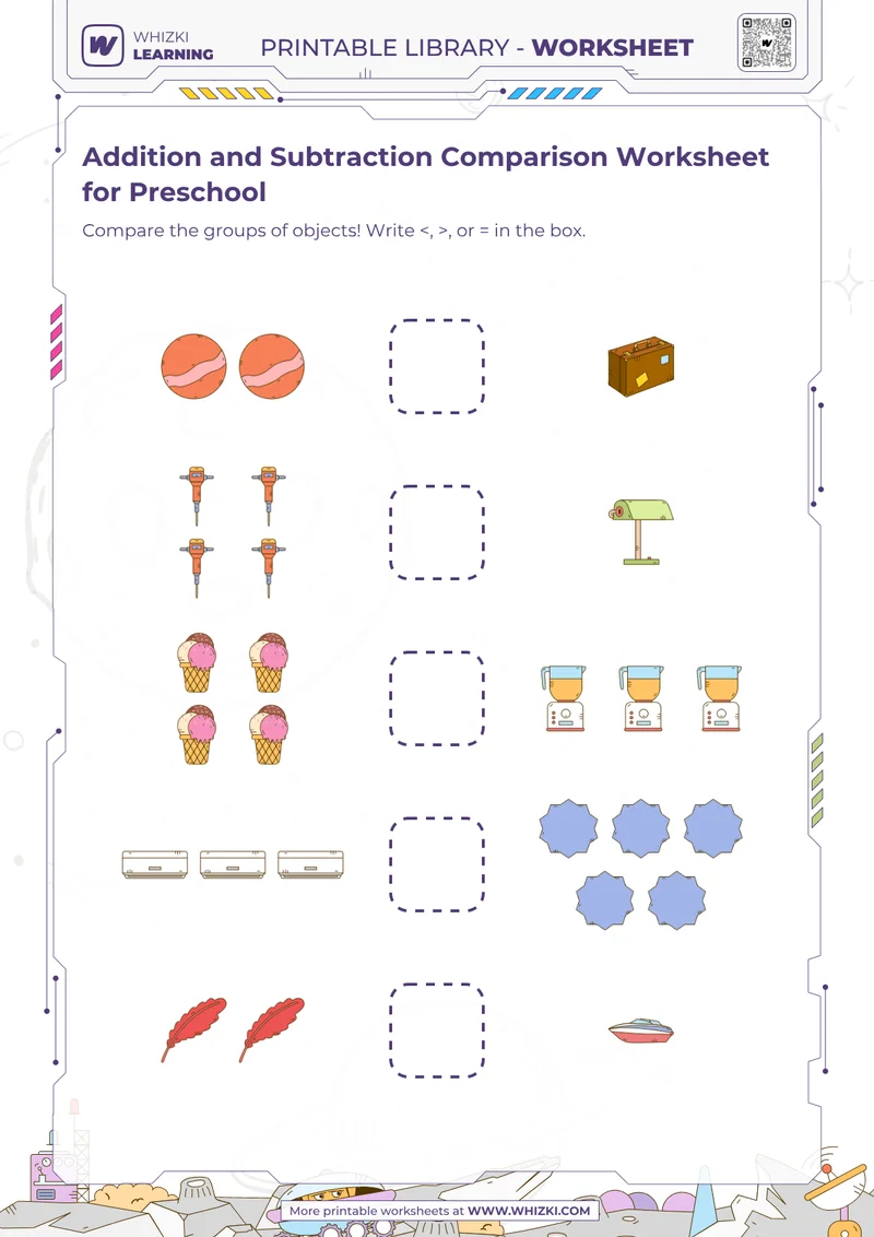 Addition and Subtraction Comparison Worksheet for Preschool