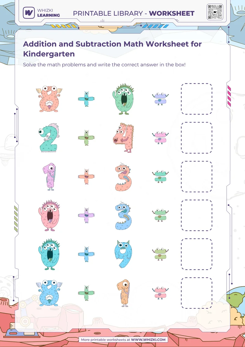 Addition and Subtraction Math Worksheet for Kindergarten