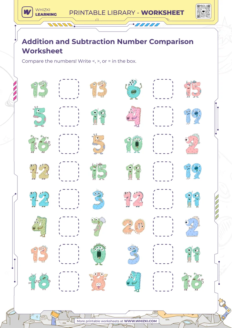 Addition and Subtraction Number Comparison Worksheet