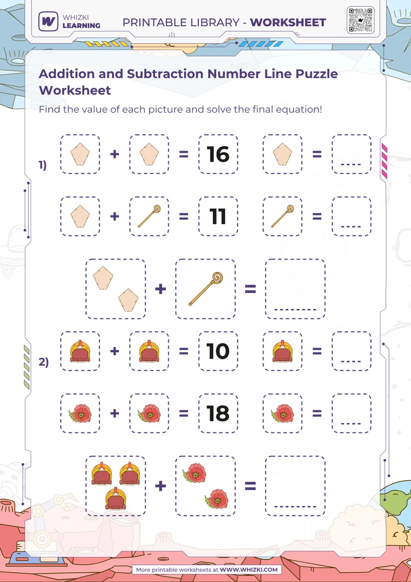 Addition and Subtraction Number Line Puzzle Worksheet