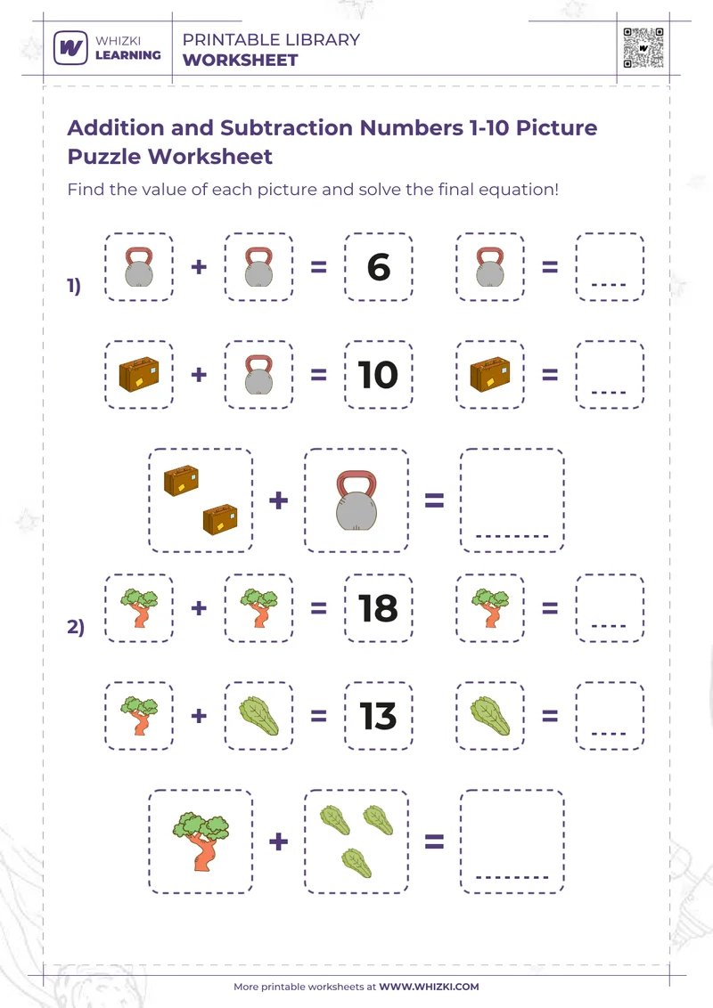 Addition and Subtraction Numbers 1-10 Picture Puzzle Worksheet