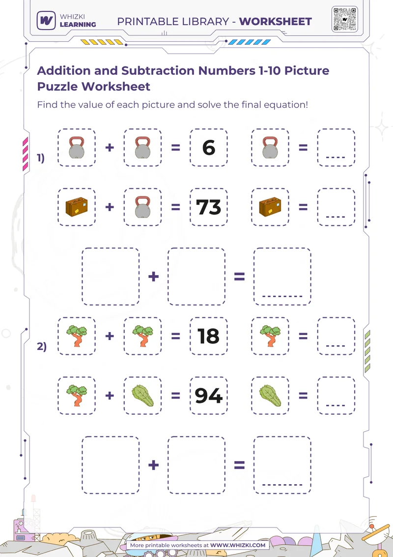 Addition and Subtraction Numbers 1-10 Picture Puzzle Worksheet