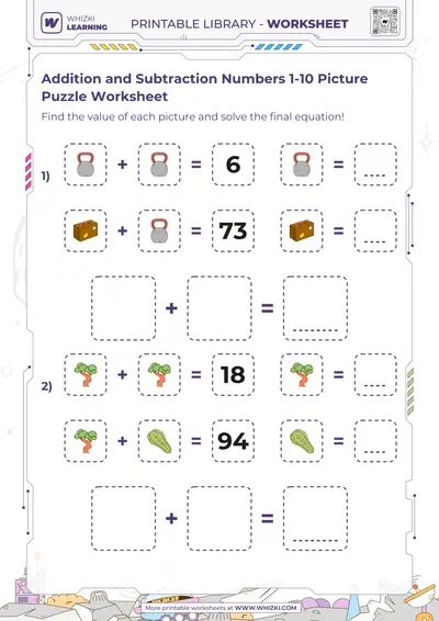 Addition and Subtraction Numbers 1-10 Picture Puzzle Worksheet