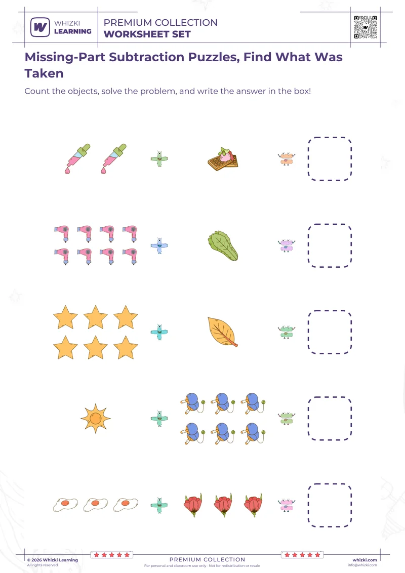 Missing-Part Subtraction Puzzles, Find What Was Taken