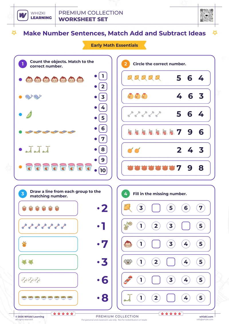 Make Number Sentences, Match Add and Subtract Ideas